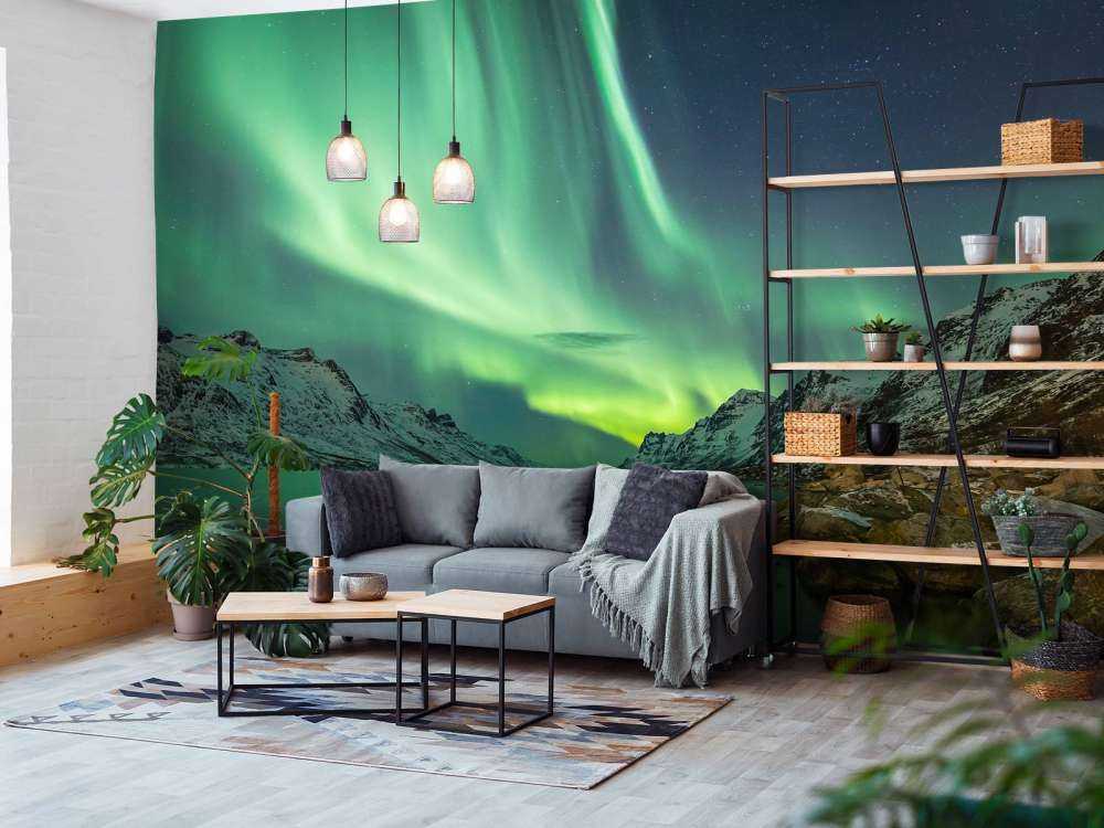 Northern lights between two fjords