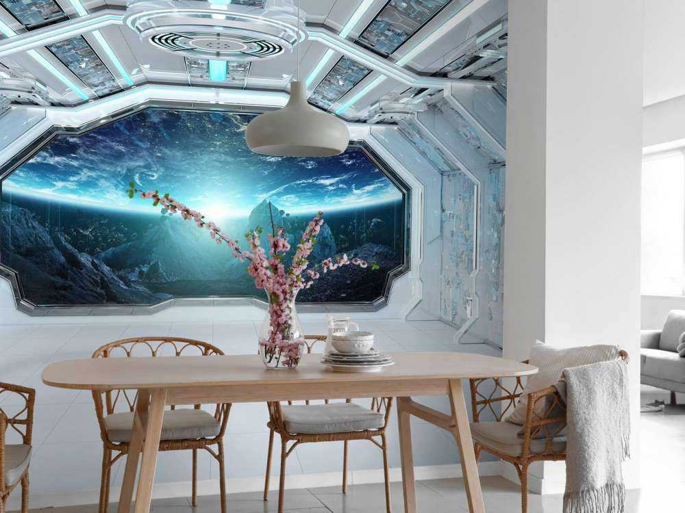 Spaceship with view on a planet