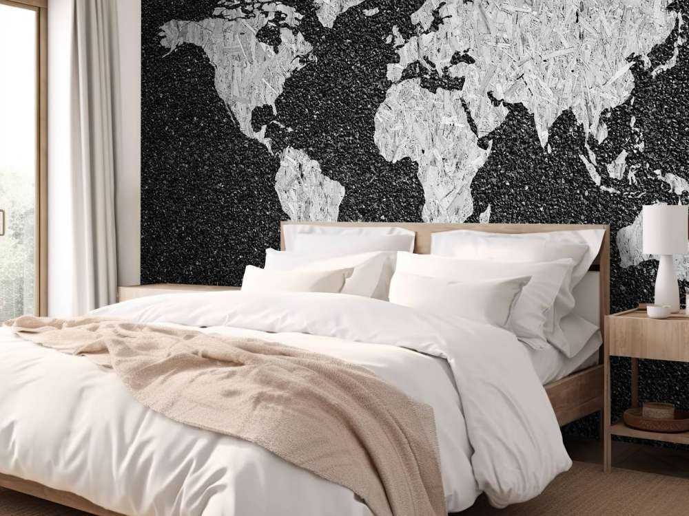 White world map on black background