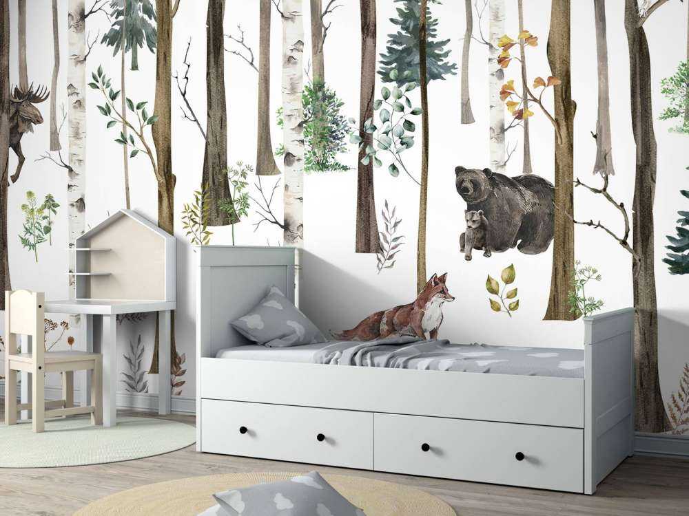 Drawn forest with autumn animals