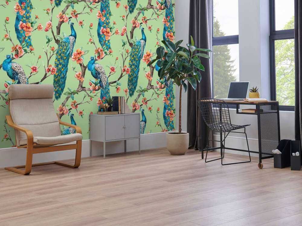 Peacock with Garden Blossom