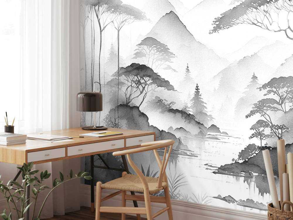 Mountain Lake in Misty Ink