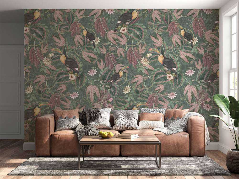 Tropical Jungle birds & toucans - dark green