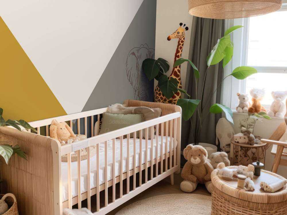 Triangles in ochre yellow and green with elephant