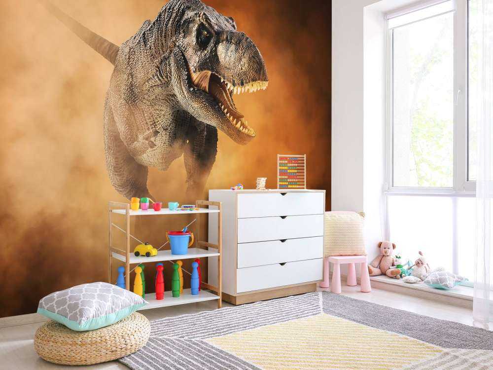 Tyrannosaurus walking through smoke