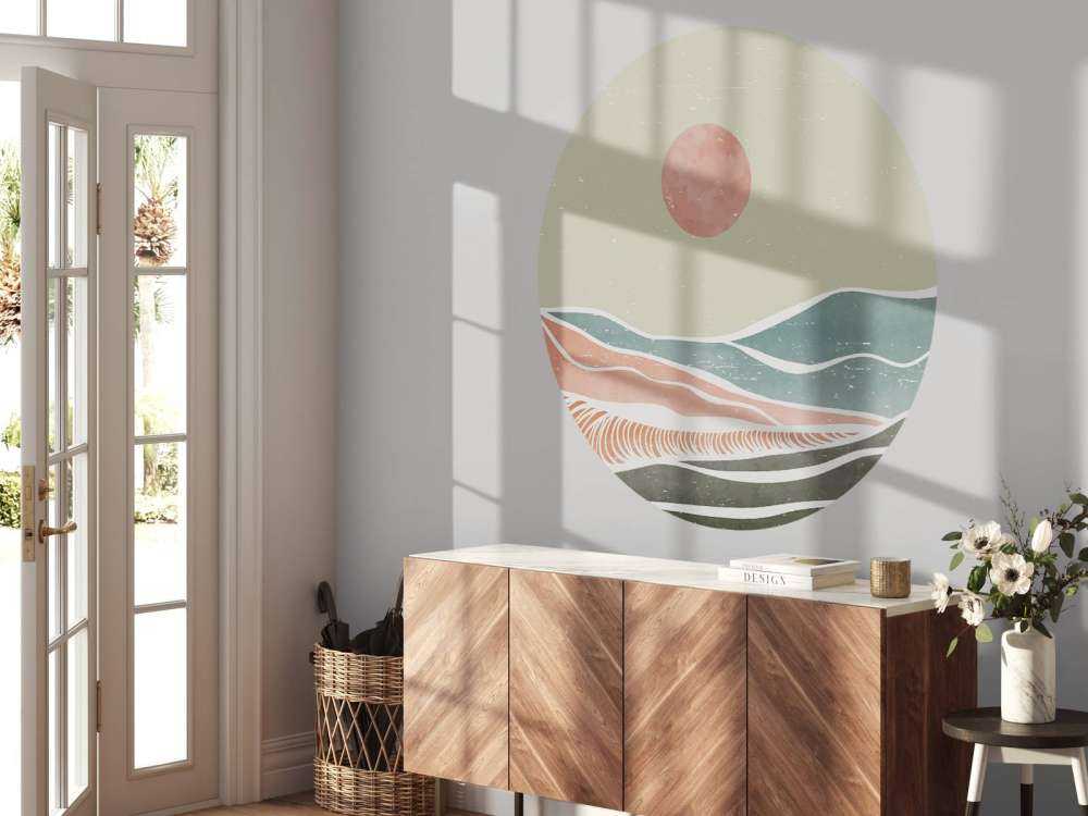 Colored ocean waves with a red moon