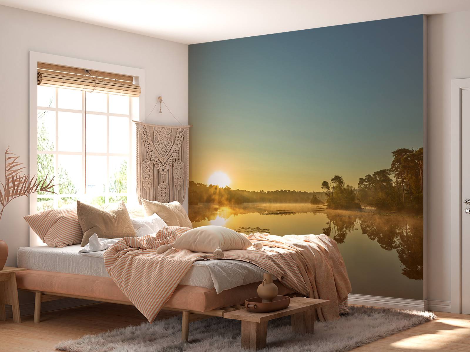 Sunrise at forest lake