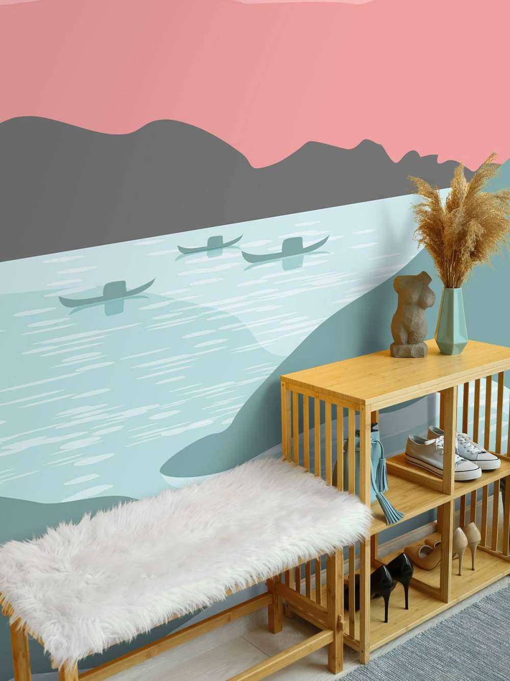 Illustratie van bergen en bootjes