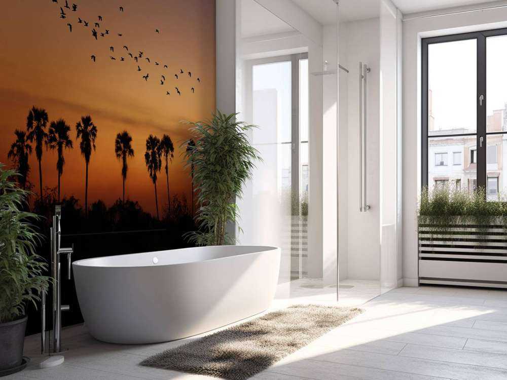 Palm trees with group of birds