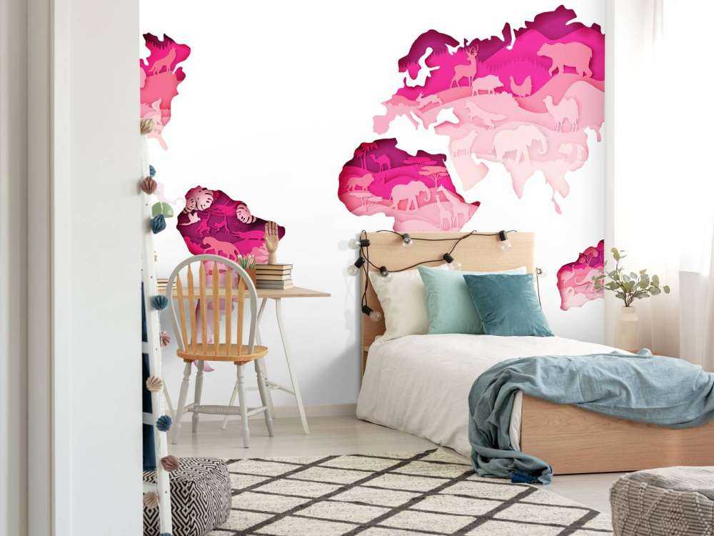 Dieren wereldkaart roze tinten