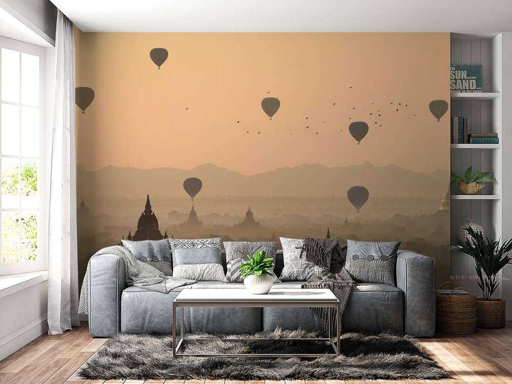 Bagan, balloons flying over ancient temples