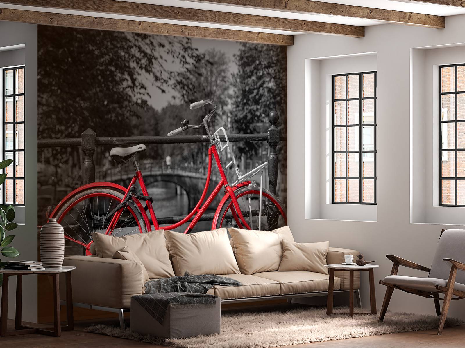 Red bike on bridge