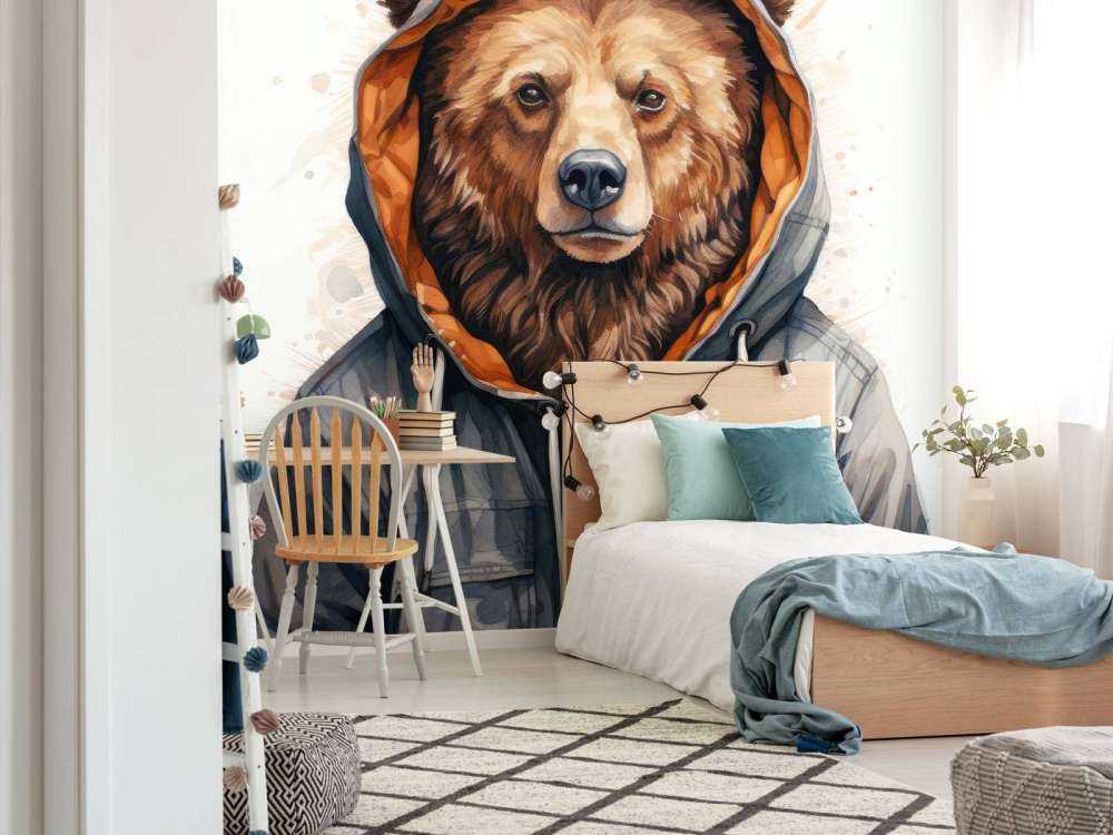 Watercolor Cartoon Grizzly Bear in a Hoodie