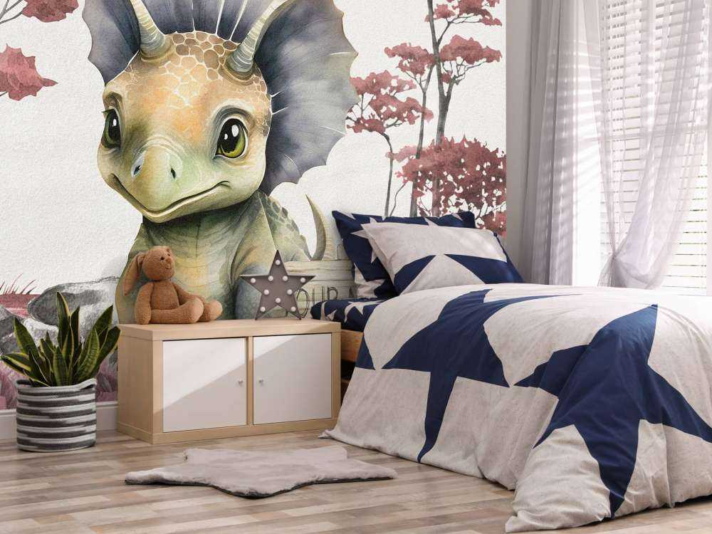 Baby triceratops in the pink jungle