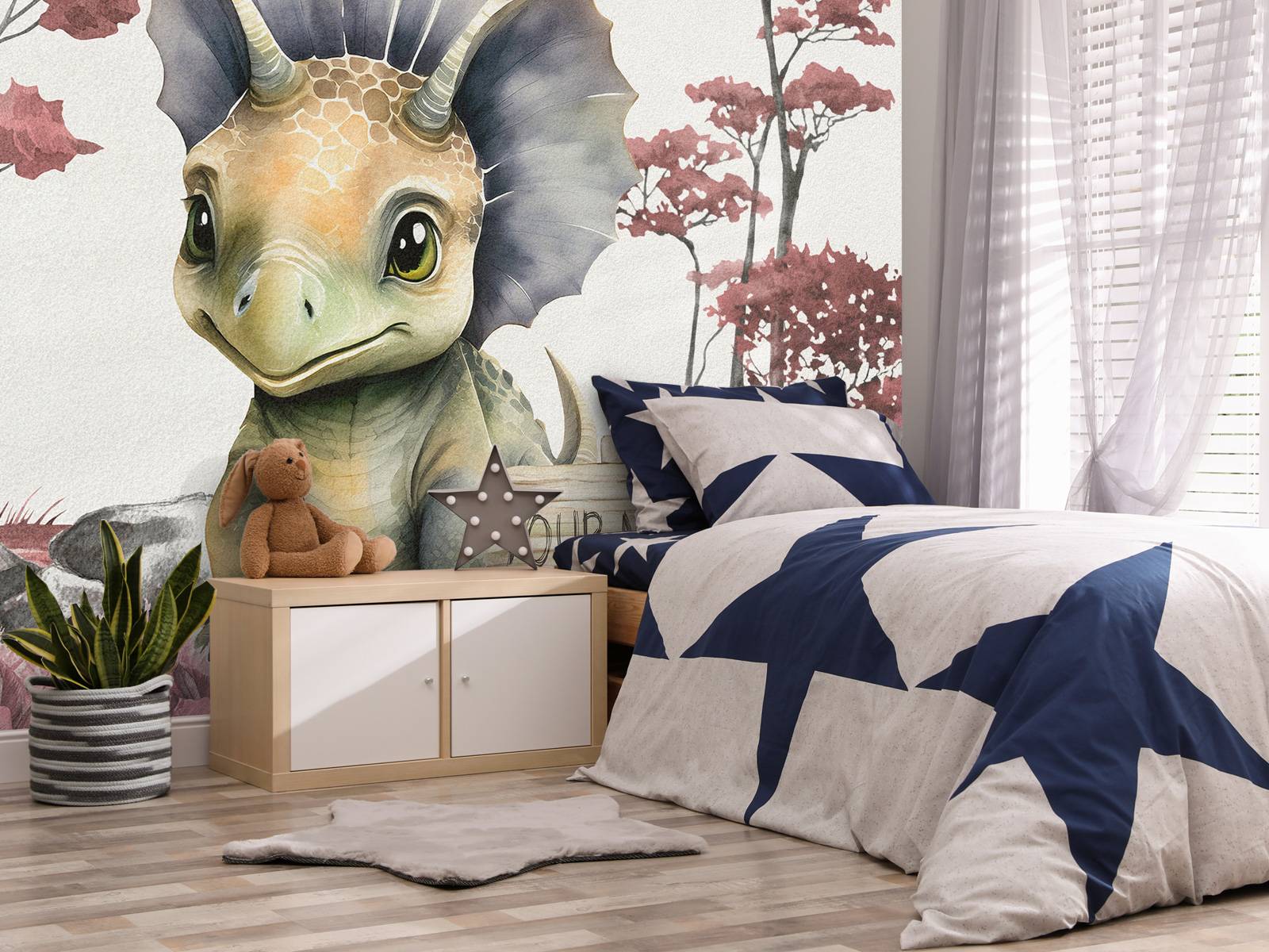 Baby triceratops in the pink jungle