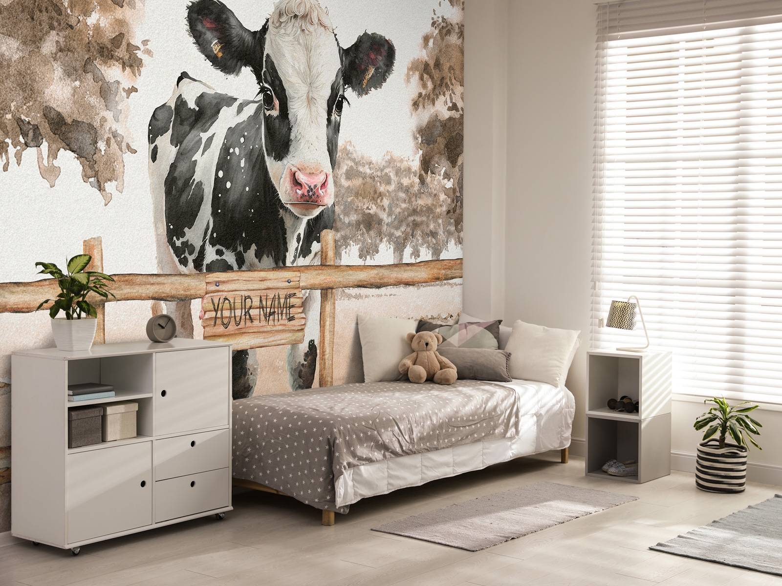 Young cow in a meadow taupe