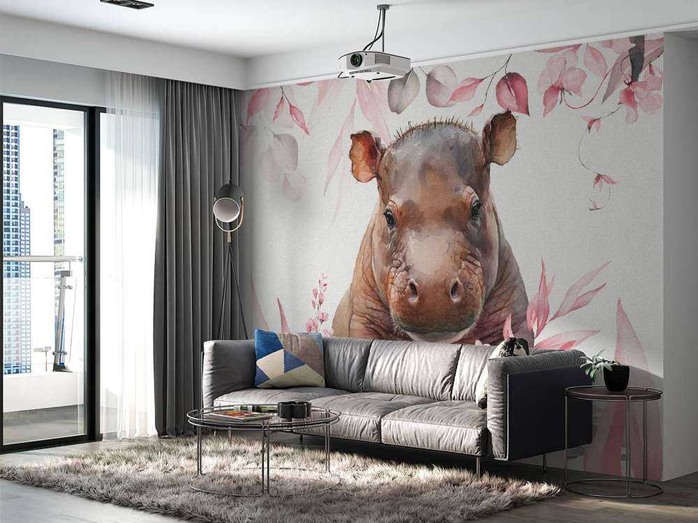 Baby hippo in the leaves pink