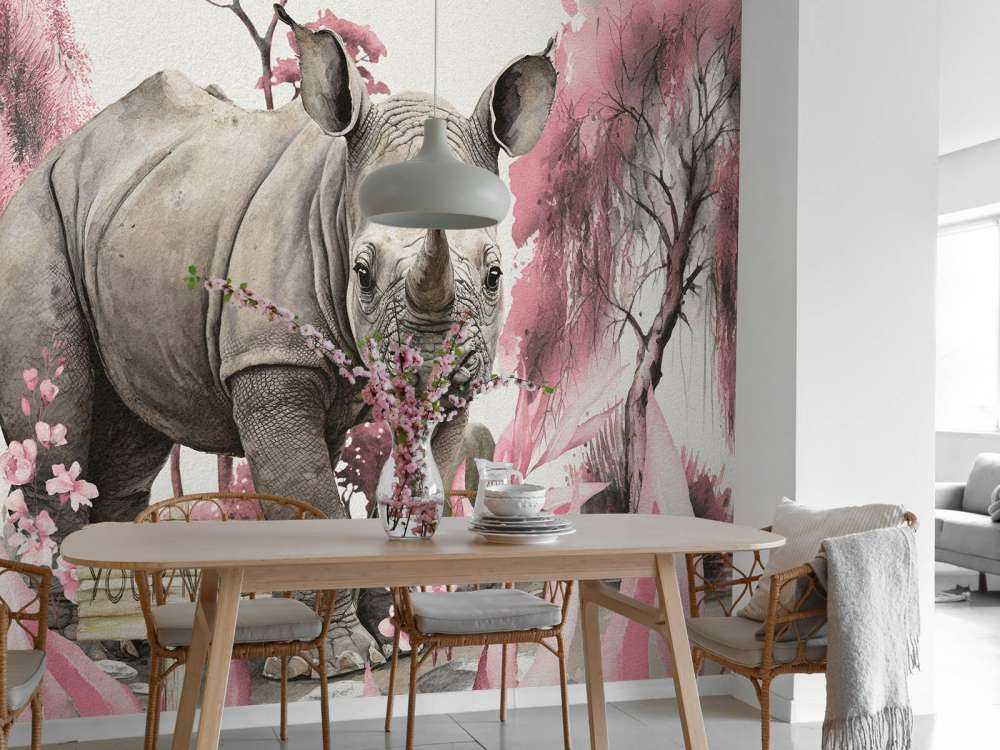 Baby rhino on the savannah pink