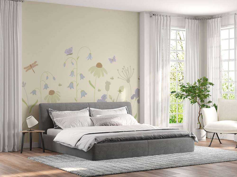 Flower field high with butterflies sand, old pink, green and lilac