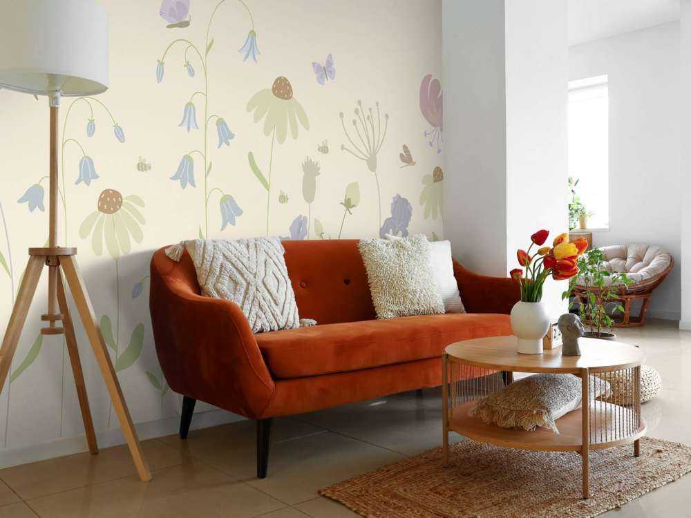 Flower field high with butterflies sand, old pink, green and lilac