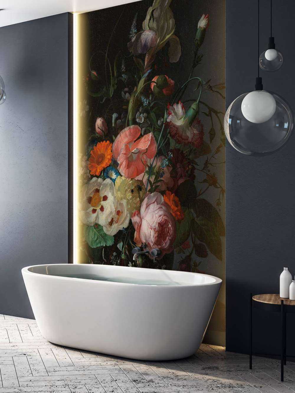 Still life with flowers on a marble tabletop