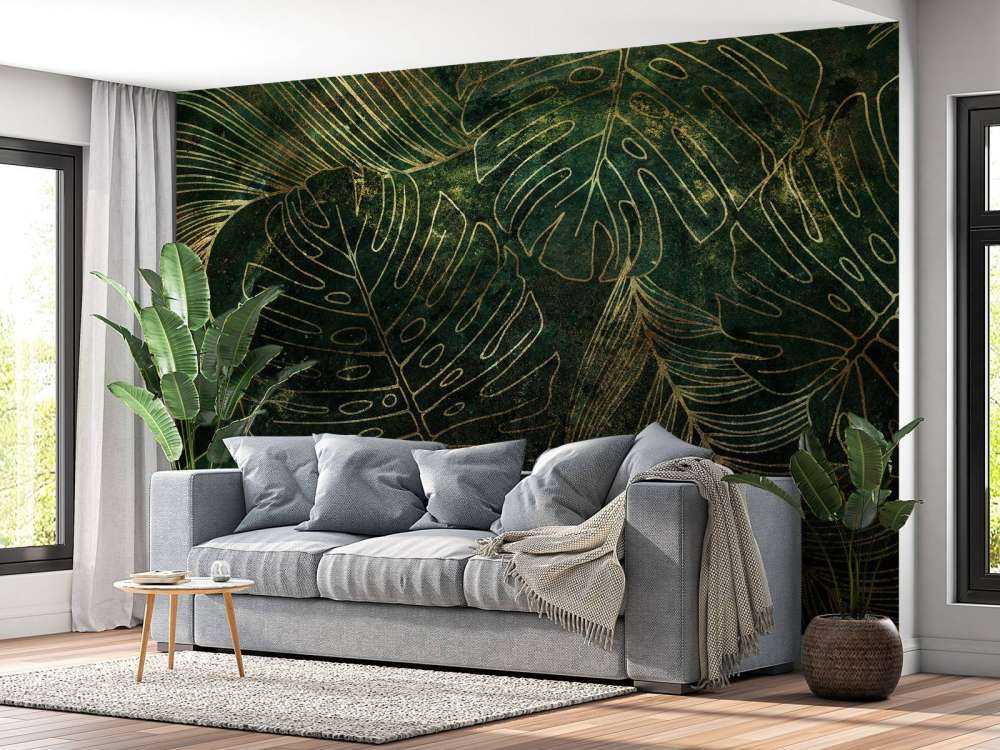 Green texture with golden leaves