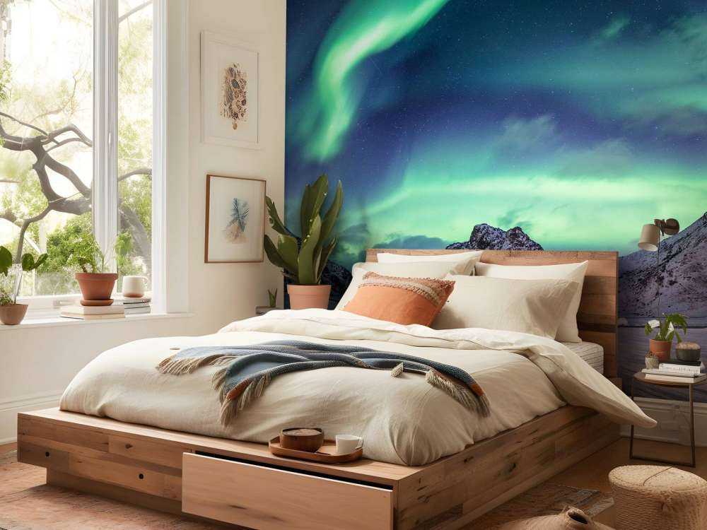 Northern lights above snowy mountains