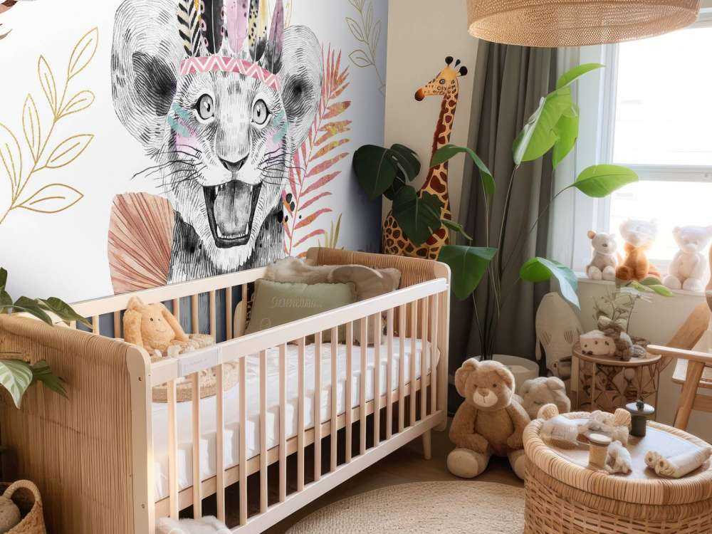 Baby lioness with coral pink and gold leaves