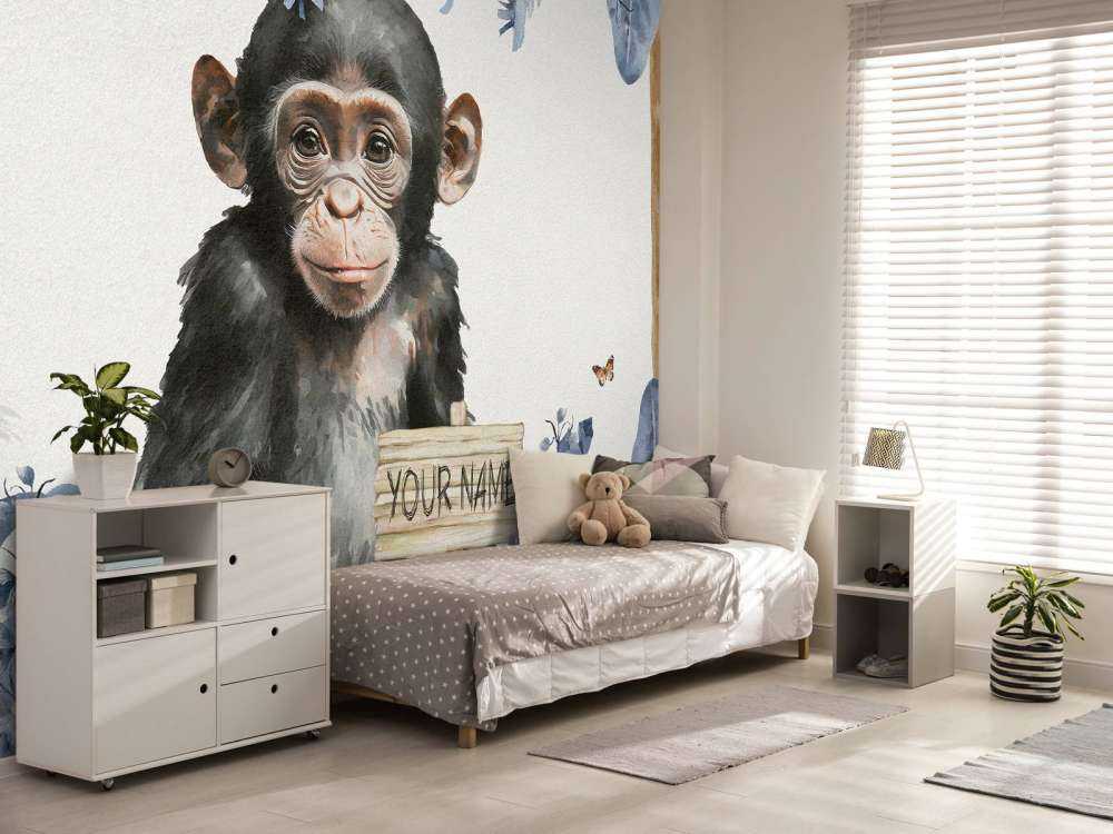 Baby chimp in the jungle blue