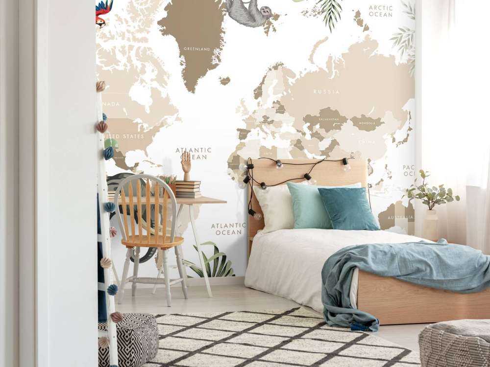 World map with jungle animals