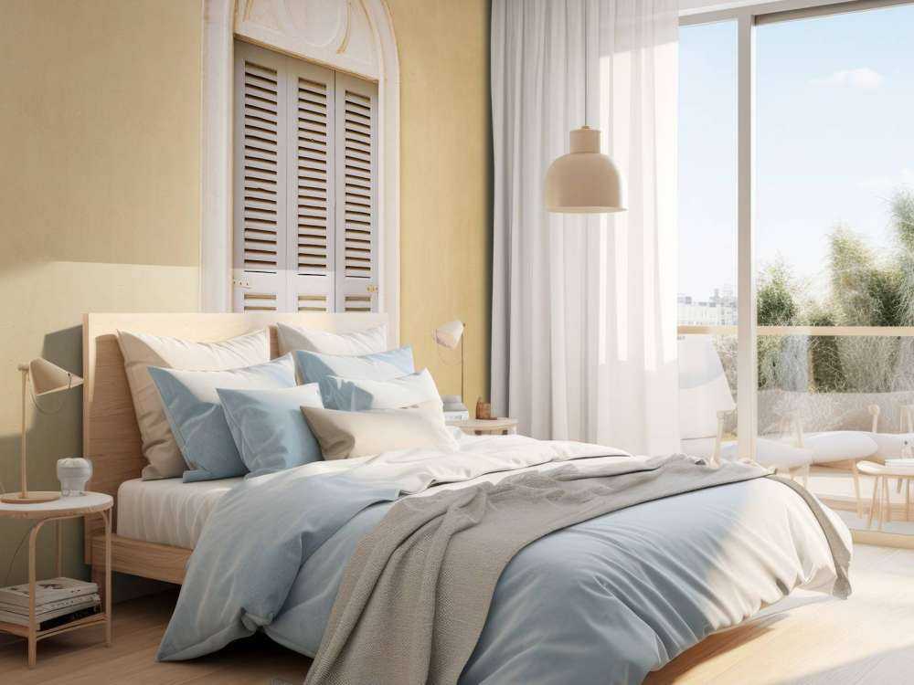 Window with wooden shutters on yellow wall