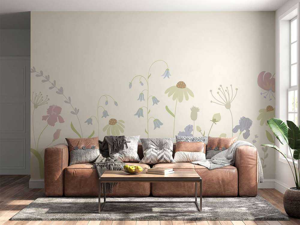 Field of flowers in high beige, old pink, green and lilac
