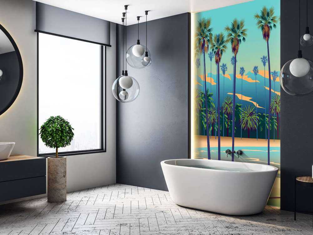 Drawn lake with palm trees