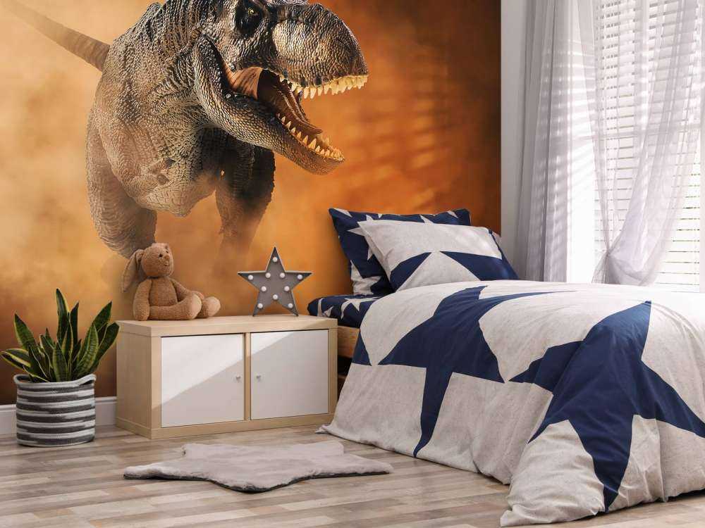 Tyrannosaurus walking through smoke