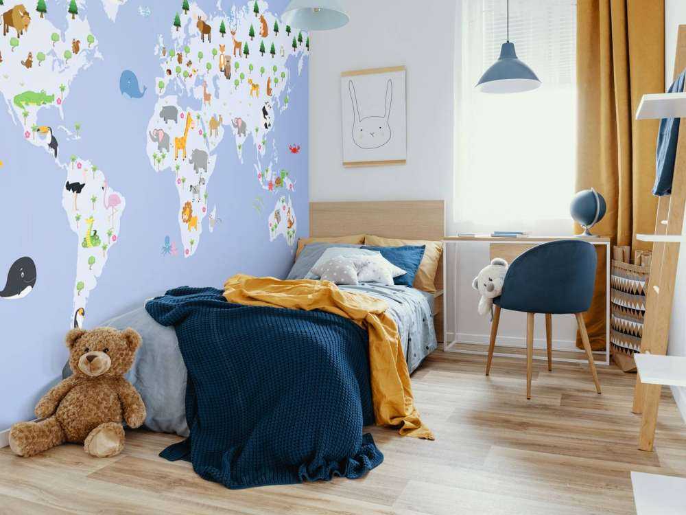 World map for children with blue background