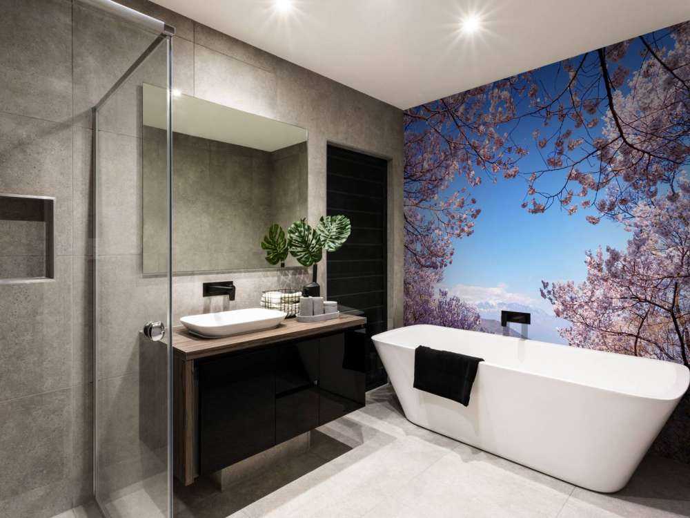 Pink blossoms with mountains