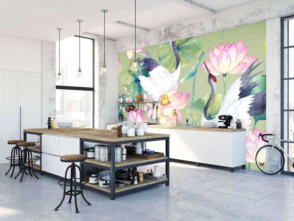 Cranes between flowers