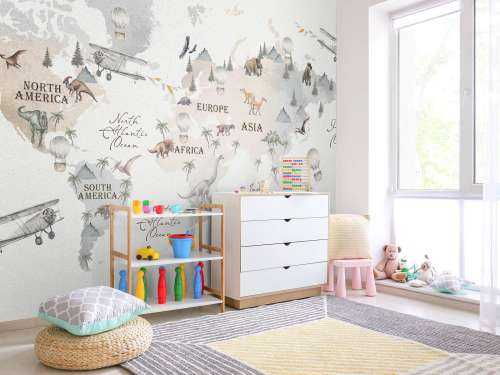 World map with dinosaurs