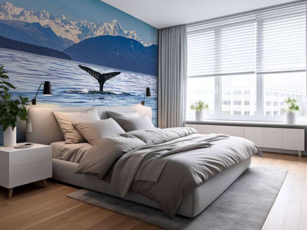 Diving whale with mountains in the background