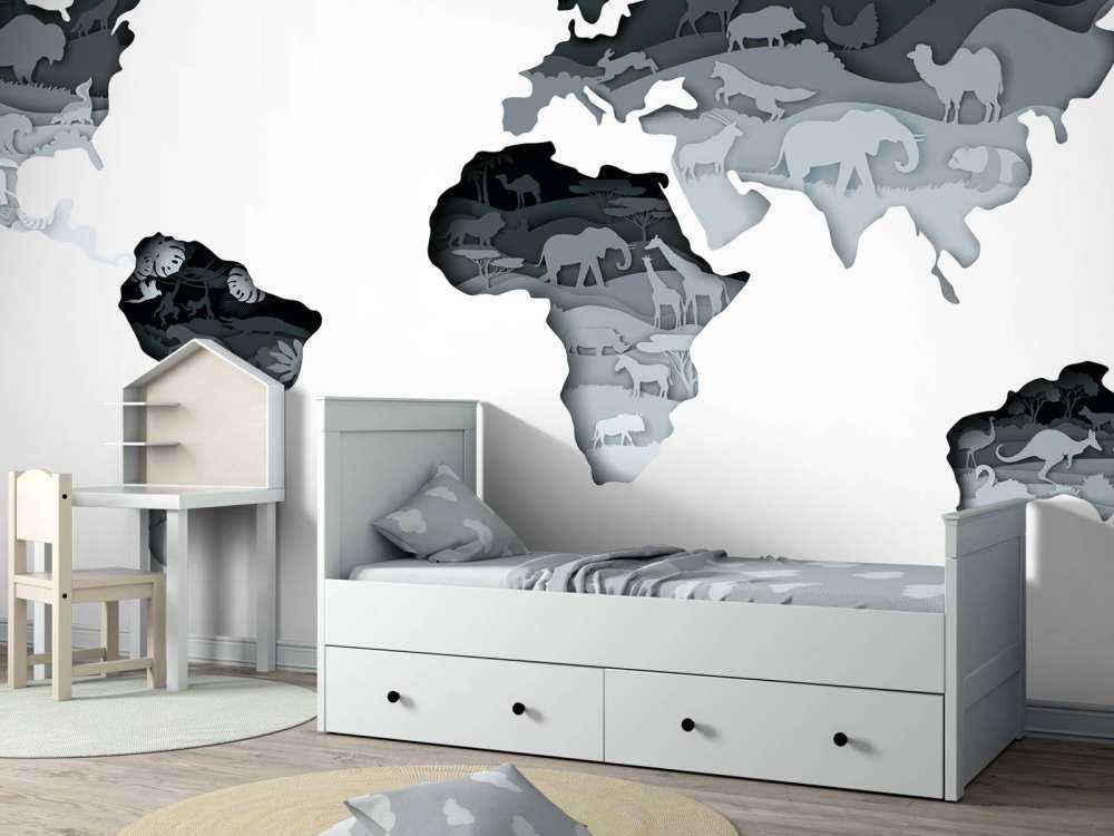 Dieren wereldkaart grijs tinten