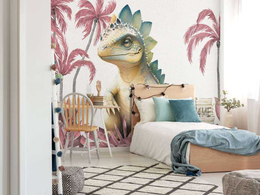 Baby stegosaurus in the pink jungle