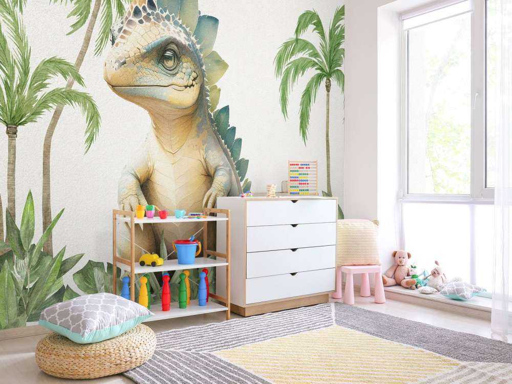 Baby stegosaurus in the jungle