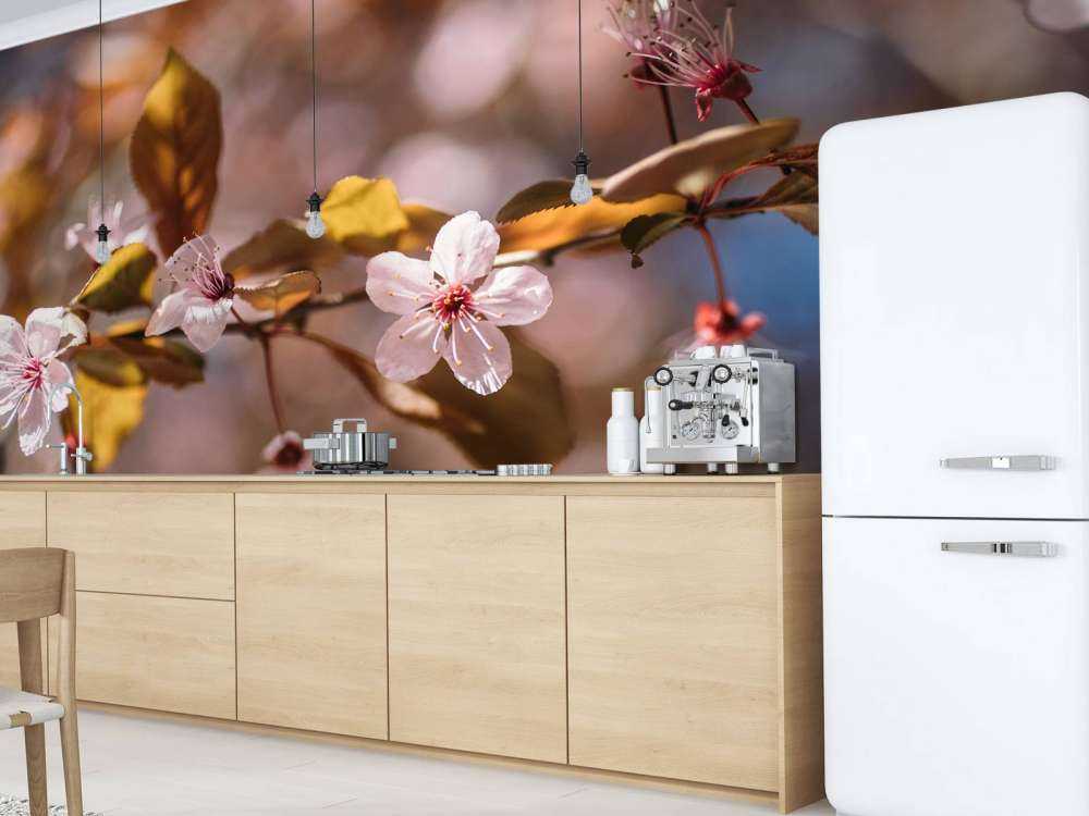 Pink blossoms and brown leaves