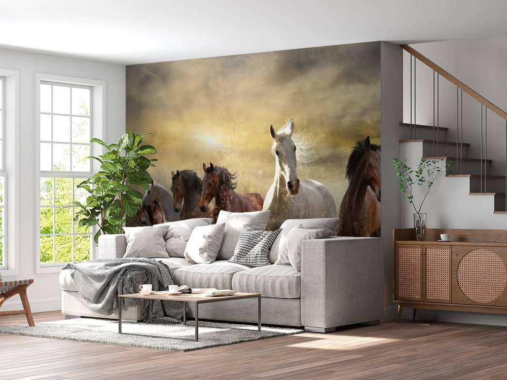 Galloping horses at sunset