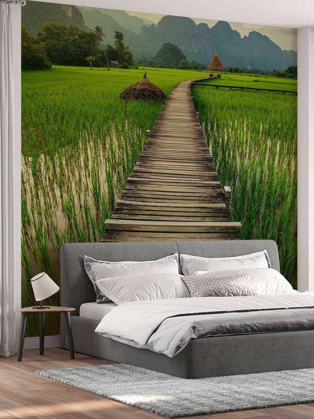 Wooden scaffolding through a rice field