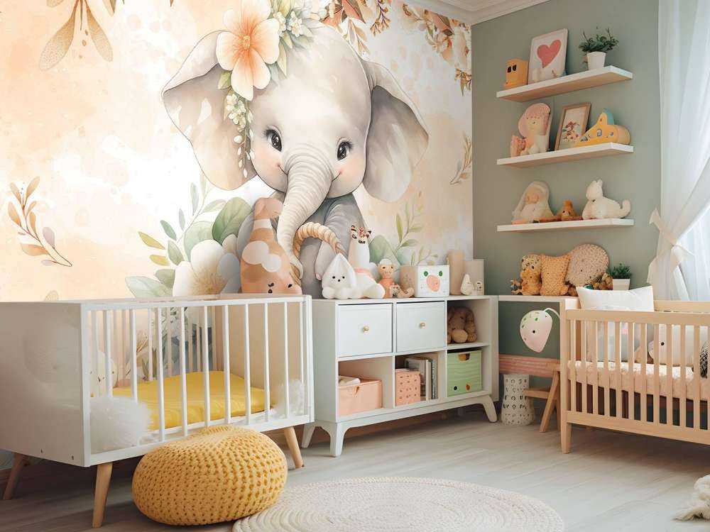 Cute elephant in flower basket