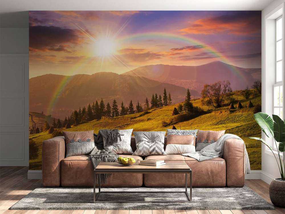 Haystacks in mountain landscape