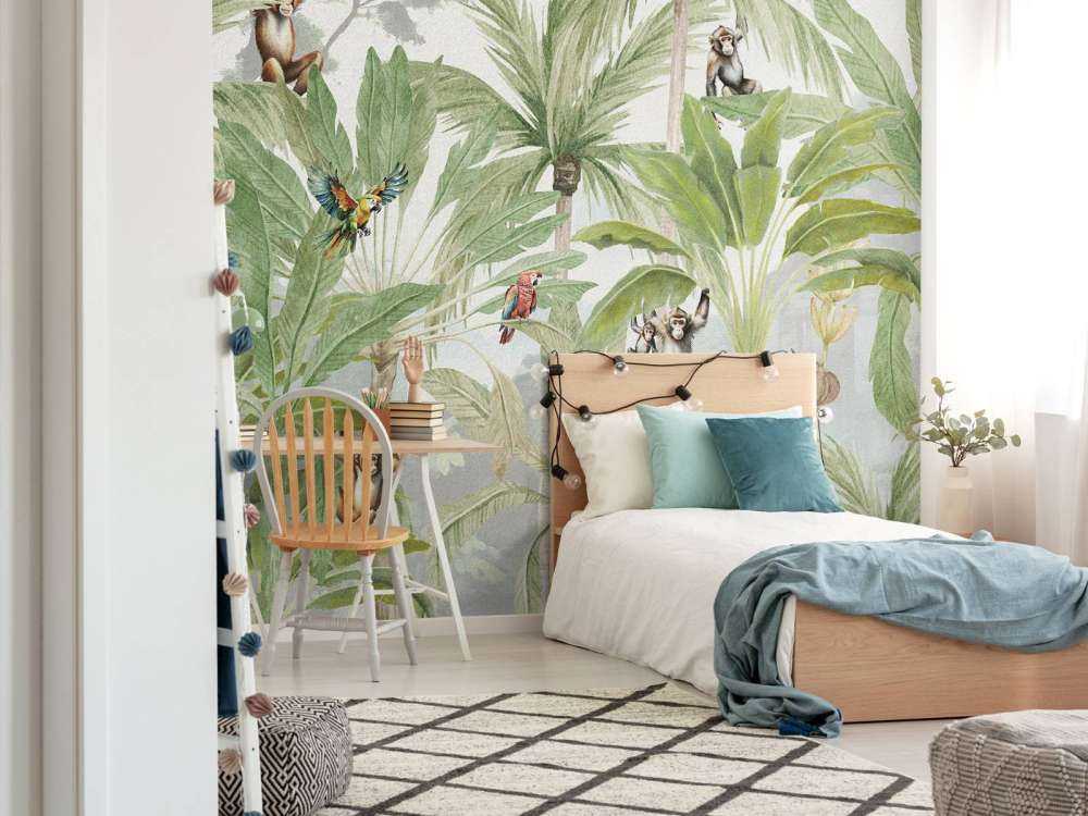 Jungle with monkeys and parrots in color