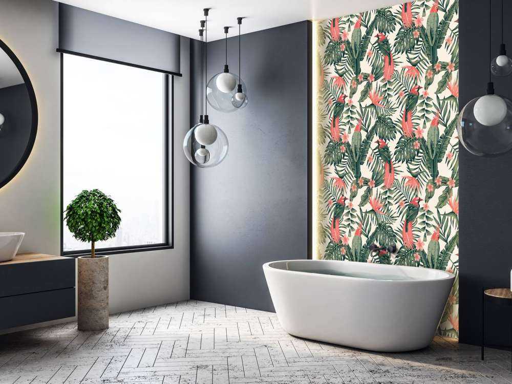 Tropical plants, flowers and birds