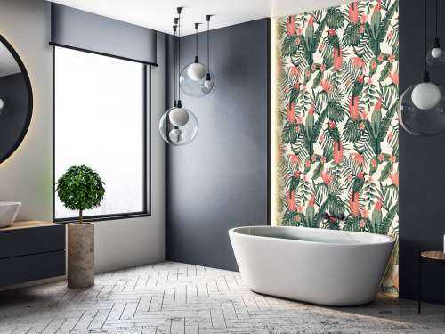 Tropical plants, flowers and birds